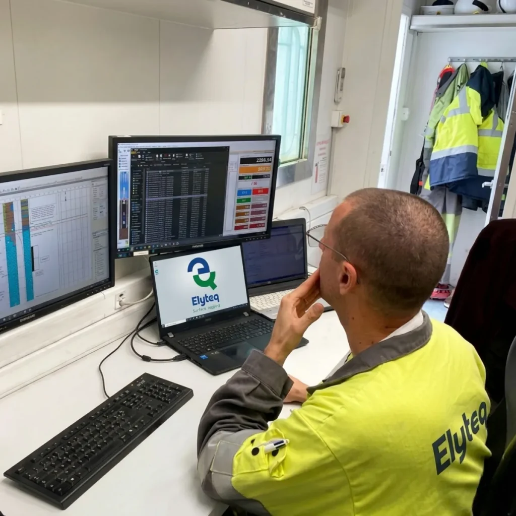 Elyteq wellsite geologist monitoring real-time drilling data and gas levels