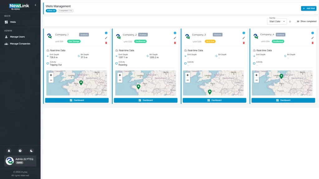 "Elyteq NewLink interface: Main dashboard overview displaying the status and locations of the active drilling sites.