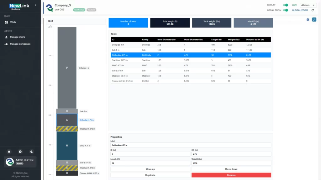 Elyteq NewLink interface: Drilling BHA section displaying technical specifications, length, weight, and layout configuration of the downhole drilling tools.